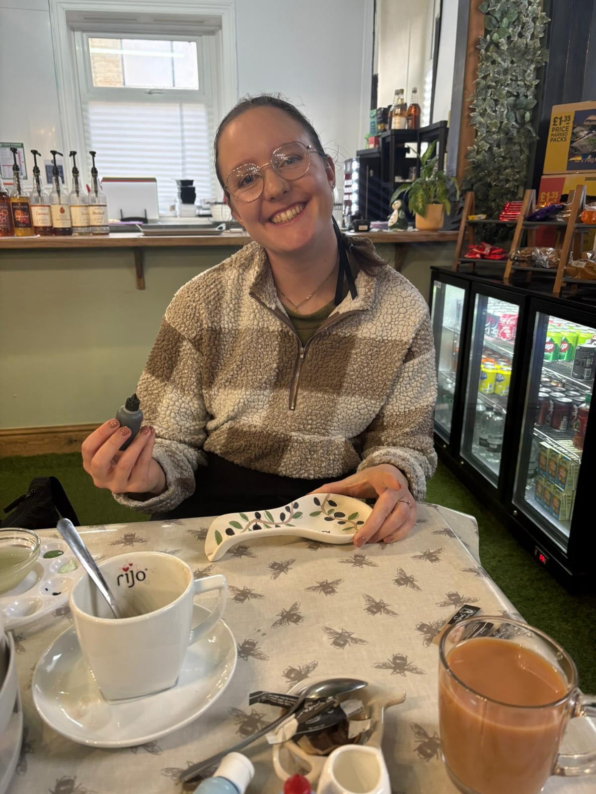 Lorna enjoying a cup of tea